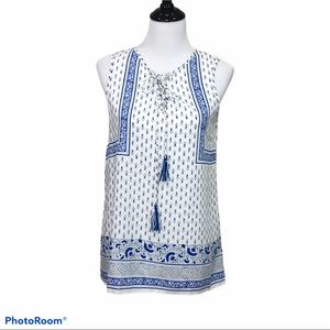 Max Studio sleeveless round neck white with blue lace up tassel top